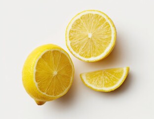 Two lemon halves and a wedge, vibrant yellow, on white background