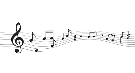 Musical Notes Flowing Across a White Background with Treble Clef