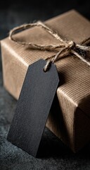 Rustic Gift, Wrapped, Brown Paper, Tag, Dark Background, Holiday, Present