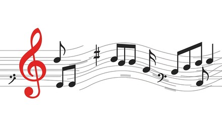Musical score with red treble clef and black notes on wavy staff lines