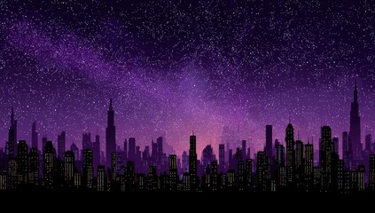 Silhouetted cityscape at night, under a vibrant purple starry sky