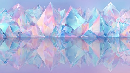 Abstract crystalline landscape reflected on a still surface.  A panoramic view of a multicolored, faceted crystalline mountain range, with soft pastel shades of pink, blue, and lavender.  