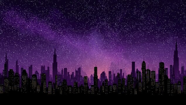 Silhouetted cityscape at night, under a vibrant purple starry sky