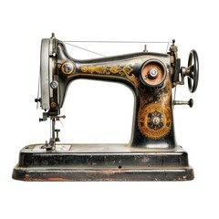 Vintage sewing machine with ornate design in rich black and gold colors