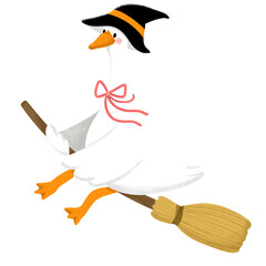 Goose Witch Riding Broom Cartoon Illustration