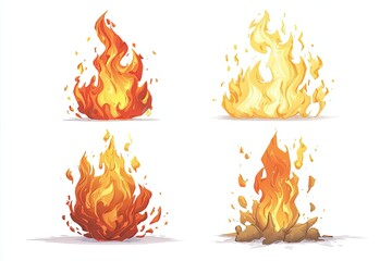 Four stylized cartoon fire illustrations