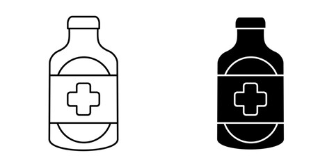 Medicine Bottle Icon Collection – Flat Design Vector Illustration on White Background. Pharmaceutical container symbol set suitable for healthcare, pharmacy, hospital, clinic, and prescription.