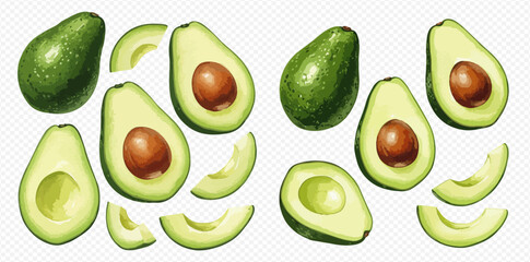 A watercolor collection of ripe avocados, shown whole, halved with seeds, and sliced.