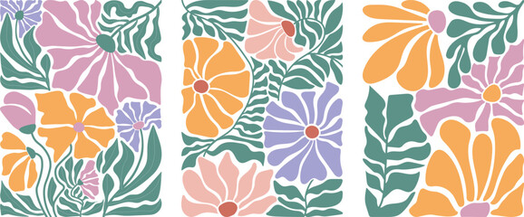 Retro floral pattern with pink orange and purple flowers