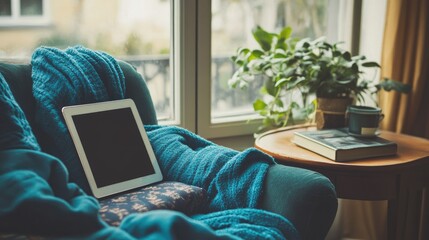 Fototapeta premium A teal armchair draped in a knit blanket holds a tablet; a small side table nearby displays a book, potted plant, and small cup. 