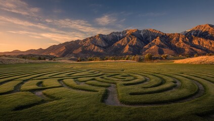 Lush green maze in a valley, mountains in the background at sunset