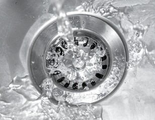 Water flows down a stainless steel sink drain, creating a swirling motion.