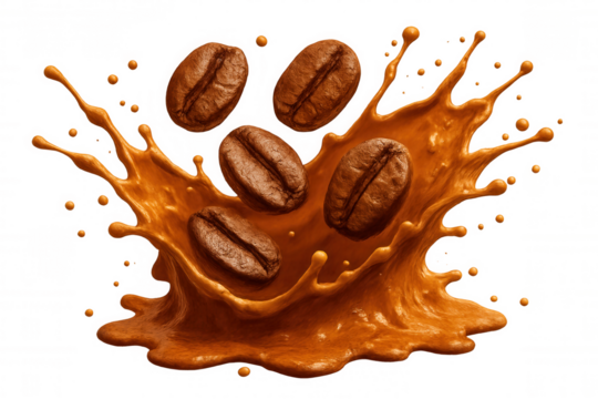 Roasted coffee beans falling into a splash of coffee against a transparent background, perfect for advertising or packaging design - Powered by Adobe