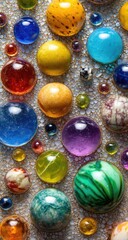 Close-up of colorful, glossy, round stones or beads arranged in a textured background