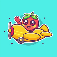 happy strawberry fruit character mascot flying an airplane isolated cartoon