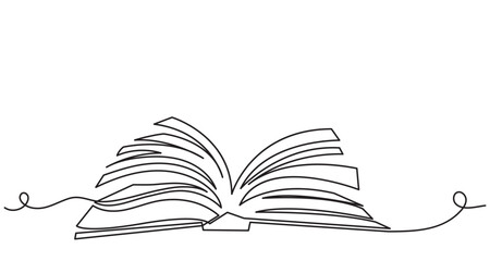 Continuous line drawing of an open book for knowledge.Line art open book with pages fanning out, wisdom, knowledge, education, literature, and creativity in a clean, library concept.