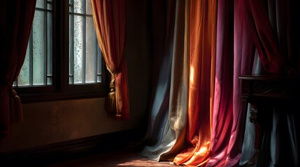 Fototapeta premium 90. Heavy satin curtains in deep celebratory hues flowing by window