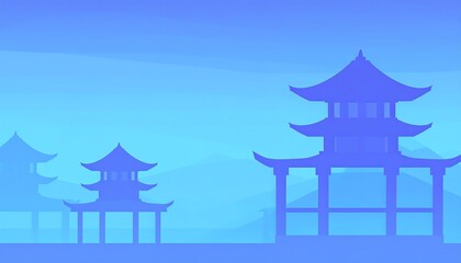 Silhouettes of asian pagodas against a pale blue sky.