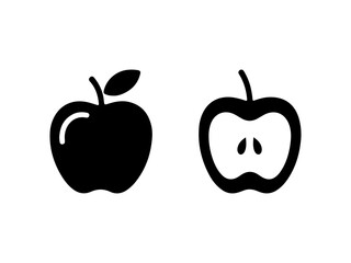 whole apple and cross section silhouette icons on white background. black apple on white background