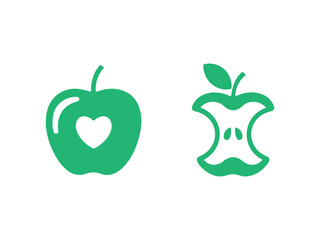 green apple and apple core icons with heart cutout. green apple with heart