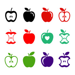 stylized apple icon grid. colorful whole, bitten, and halved fruit set. fruit icons set