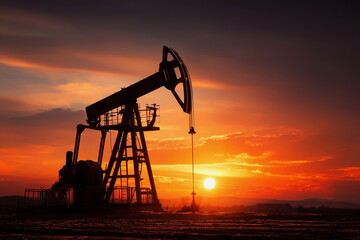 A sunset over a field with a large oil rig in the foreground