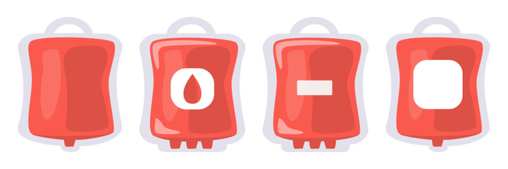 Blood Bag Icon Collection – Flat Design Vector Illustration on White Background. Medical blood donation symbol set suitable for healthcare, hospital, clinic, blood bank, and transfusion.