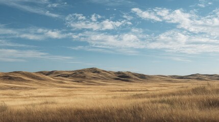 Fototapeta premium Rolling Hills Landscape with Golden Grass Under a Dramatic Blue Sky