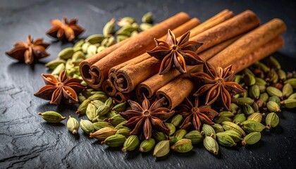 Cinnamon Sticks And Spices On Dark Background