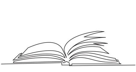 Continuous line drawing of an open book for knowledge.Line art open book with pages fanning out, wisdom, knowledge, education, literature, and creativity in a clean, library concept.