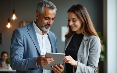 Mature 40s years old man, young adult woman employee discussing project on digital pc tablet computer. Successful middle aged latin hispanic businessman, businesswoman work together on business plan