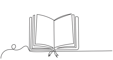 Continuous line drawing of an open book for knowledge.Line art open book with pages fanning out, wisdom, knowledge, education, literature, and creativity in a clean, library concept.