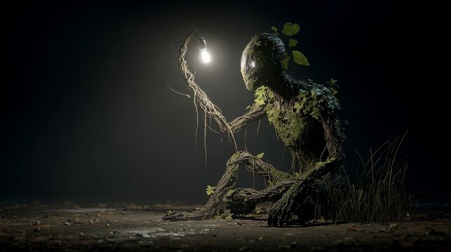 An ethereal forest spirit, composed of wood and vines, cradles a glowing lightbulb