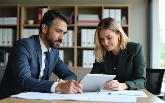 Team of diverse partners sitting at table mature Latin business man and European business woman discussing project on tablet in office. Two colleagues of professional business people working together.