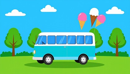 Ice cream van with floating cones, flat design vector illustration.

