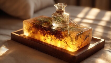Amber-hued resin block with herbs and a glass bottle, resting on a wooden tray.  Sunlight casts warm tones