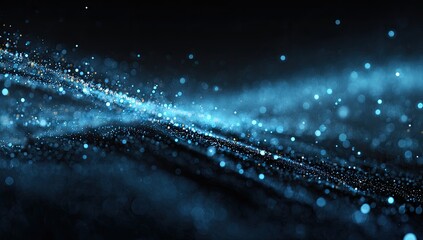 Abstract digital artwork of swirling, glowing particles.  Dark background with flowing lines of light blue and gold particles