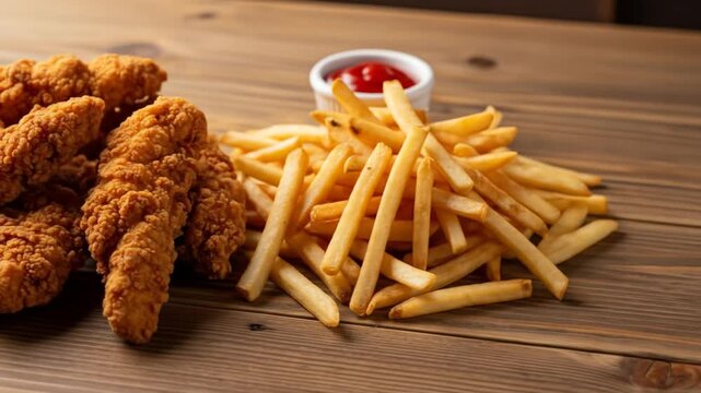Crispy breaded chicken tenders and a generous portion of golden french fries with ketchup, served on a dark wooden table as a classic meal.