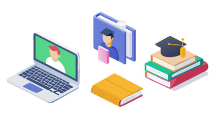 Online education learning course with laptop books graduation cap for student success and knowledge growth