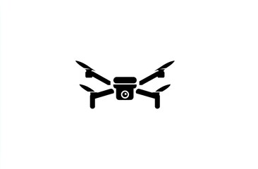 Simple black silhouette of a drone.  Drone with four propellers, central camera and body.  Solid black shape on a white background