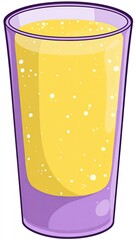 A tall, clear glass filled with a light yellow, bubbly drink.  The glass has a light purple rim