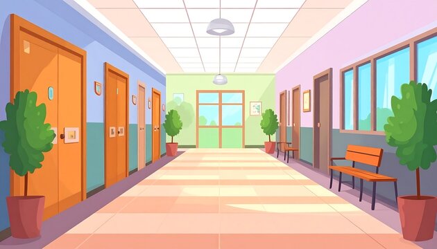 Colorful school hallway interior illustration.