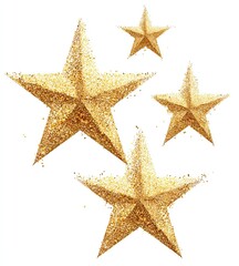 Four gold glitter stars, various sizes, appear to be floating or exploding against a white background.  They have a textured, sparkly appearance