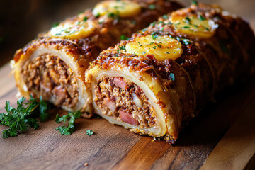 Golden-baked tropical meat roll stuffed with mince, bacon, pineapple, and vegetables, sliced and served on a wooden board with fresh herbs.
