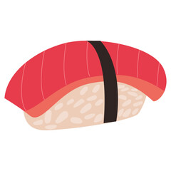 Illustration of a single piece of tuna nigiri sushi with rice and nori seaweed on a white background.