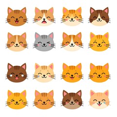 Sixteen cartoon cat faces displaying various emotions