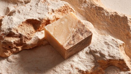 Natural soap bar on textured stone background.  Light beige and tan tones.  High-angle close-up