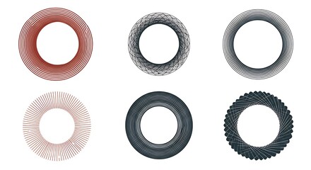 Six Geometric Circular Designs: Concentric Rings, Radial Lines, and Intersecting Patterns on White