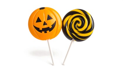 Two Halloween lollipops, one pumpkin-faced, the other black and yellow swirl, on white background