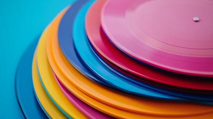 Stack of Colorful Vinyl Records on Blue Background